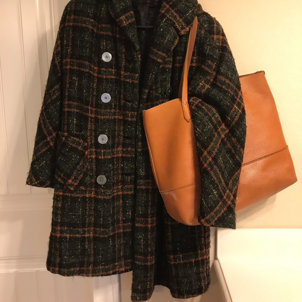 Vintage long green and orange plaid coat.